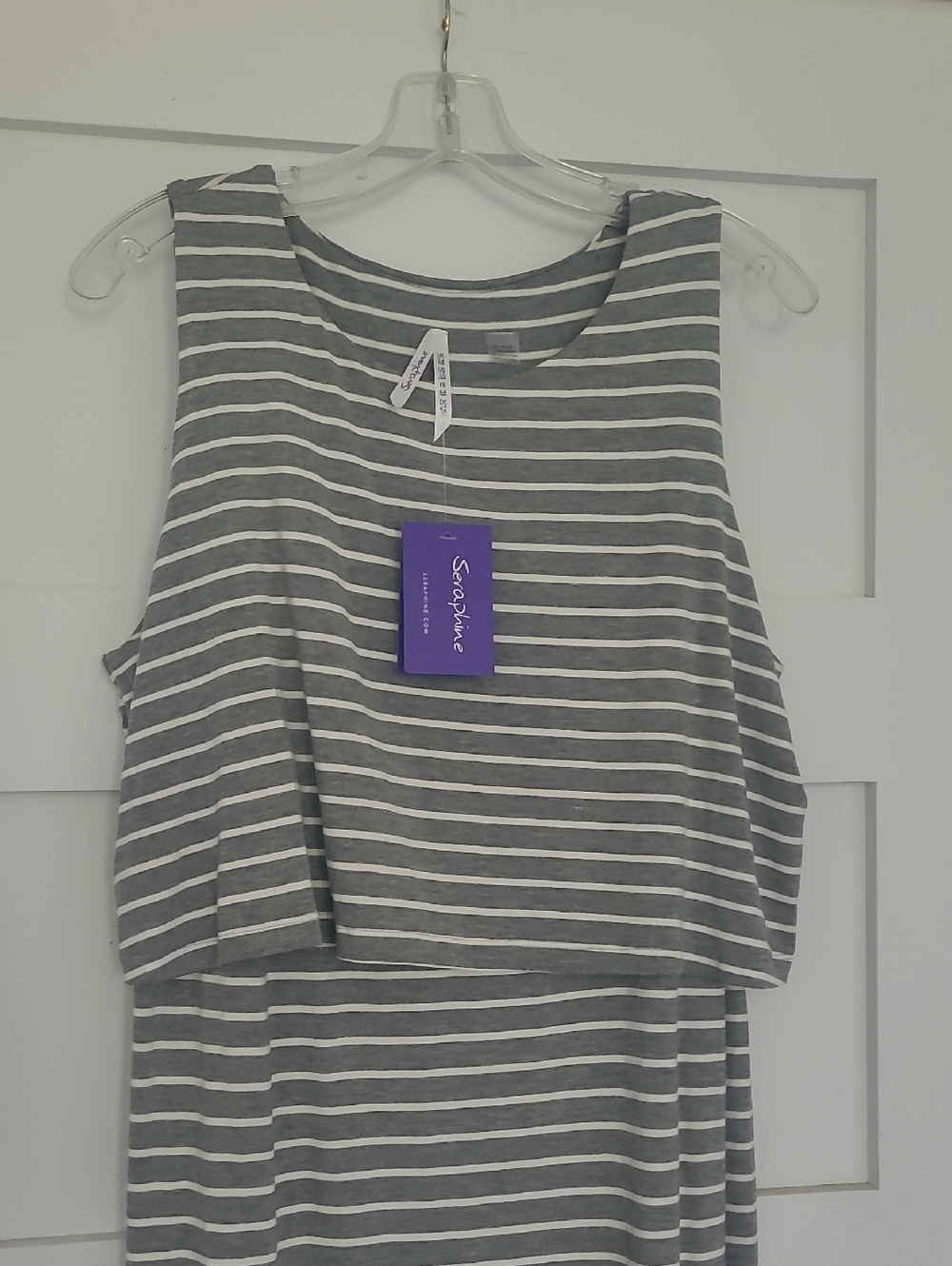 Seraphine Sleeveless Gray & White Striped Maxi Dress - Maternity/ Nursing Style - Picture 2 of 4